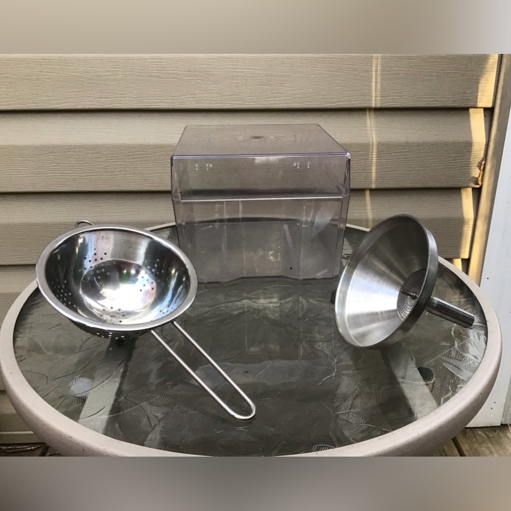 Kitchen Lot, Acrylic Recipe Box, Stainless Steel Funnel, Hand Strainer